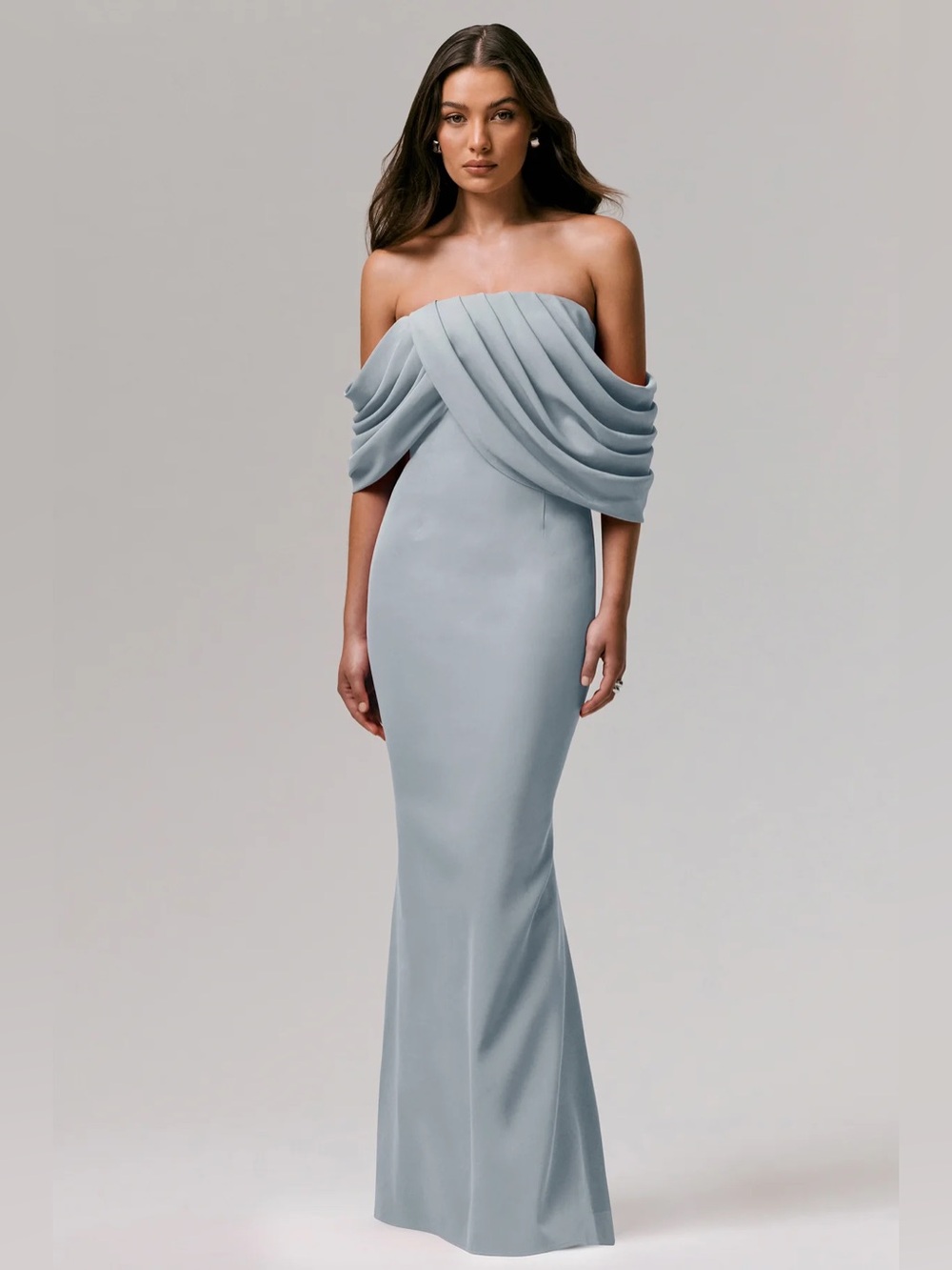 MWT Club L London SERENE Powder Blue Draped Bardot Maxi Dress